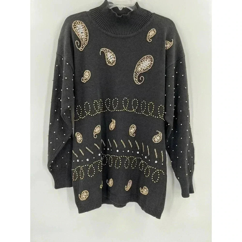 VINTAGE 80s Eminent Size MEDIUM Black Sweater Beaded Art to Wear Excellent UC